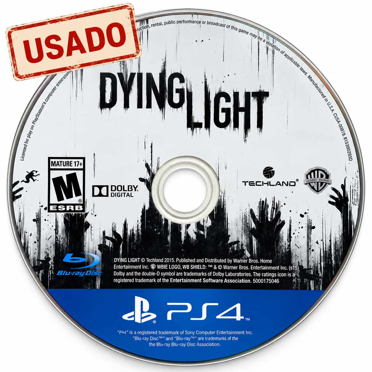 Disco usado de Dying Light para PlayStation 4, sin carátula, sobre fondo blanco