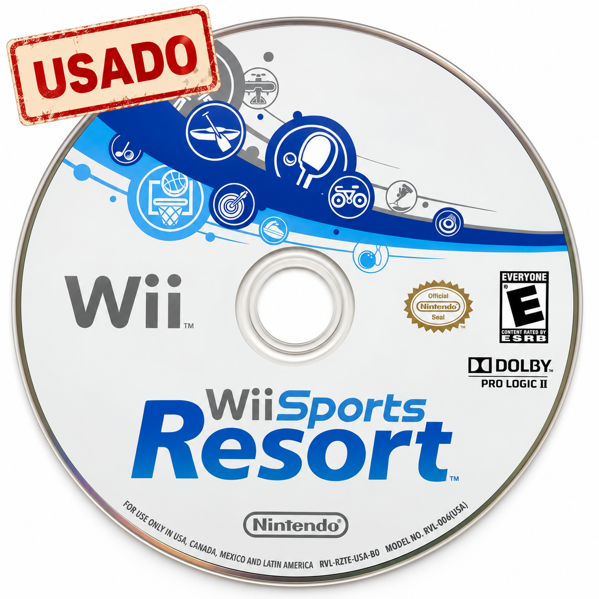 Disco usado de Wii Sports Resort para Nintendo Wii, sin carátula, fondo blanco