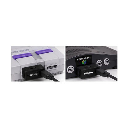 Conexiones ilustrativas Bitfunx a Super Nintendo y Nintendo 64