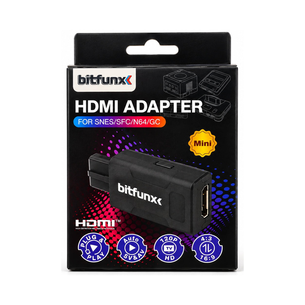 Adaptador HDMI Mini Bitfunx nuevo para SNES Nintendo 64 y GameCube, empaque